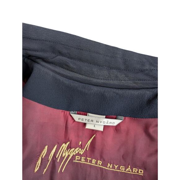 Vintage Peter Nygard Navy Silk Bomber with Ribbon and Gold Accents - Picture 11 of 13